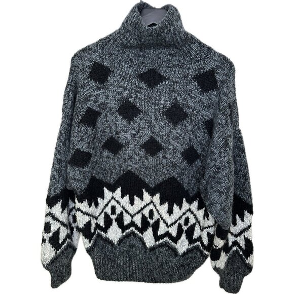 Handmade Womens Wool Turtleneck Sweater Nordic Geometric Gray Fair Isle Chunky - Picture 1 of 5